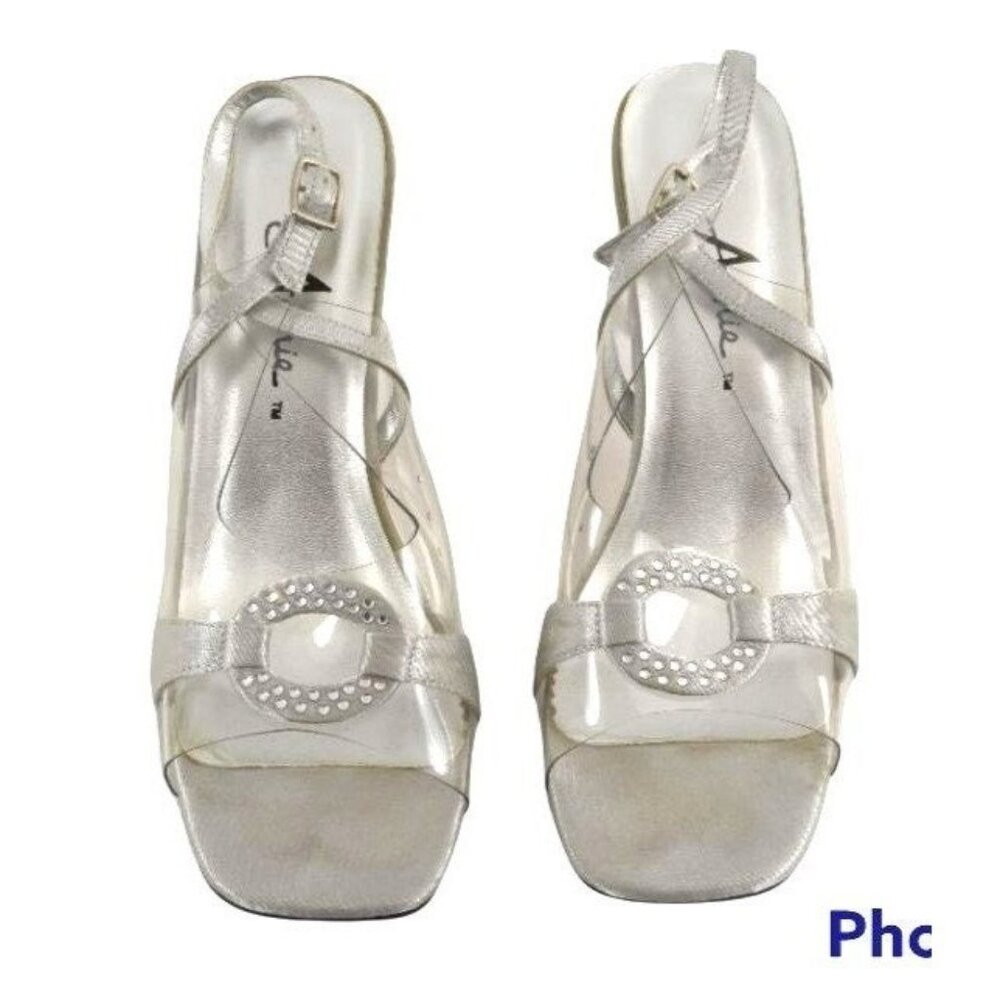 Annie Chance Silver Satin Slingbacks Rhinestone Clear Heels 8.5M Y2K Glam! - Picture 2 of 9